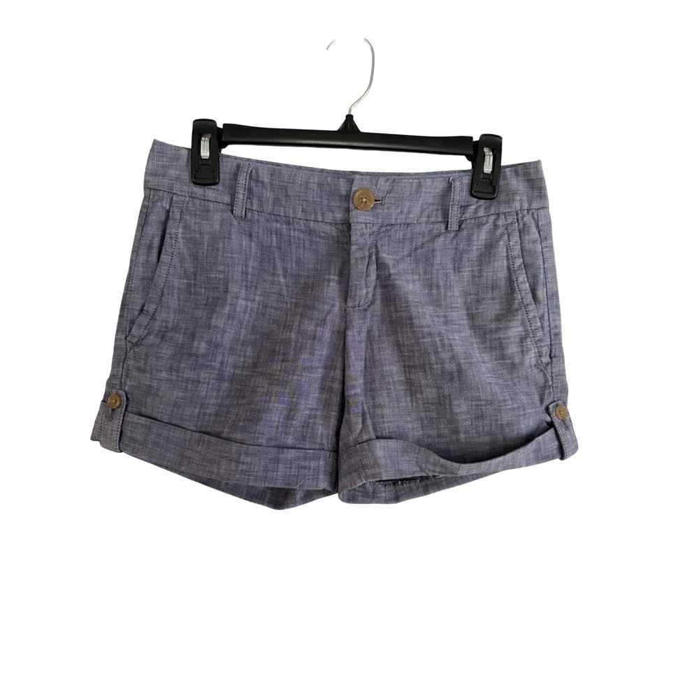 Banana Republic Blue Linen Blend Chambray Cuffed Shorts Button Tab Women 0